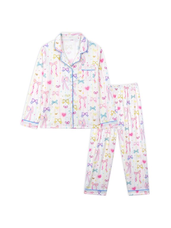 Girls Pajamas Set Long Sleeve Button-Down Cute Bow & Heart Print Sleepwear with Blue Piping for Toddler Little Girls
