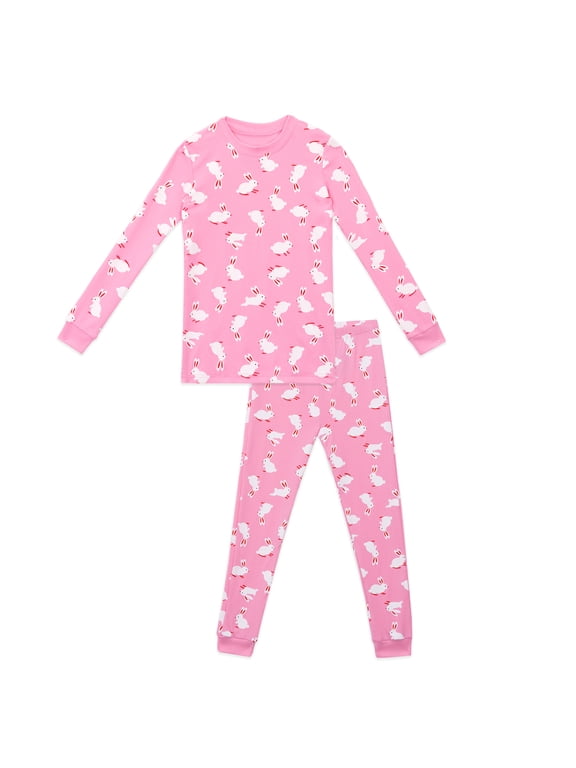 Girls Pajamas Set Long Sleeve Cute Rabbit Bunny Print Casual Sleepwear with Pink Trim for Toddler Little Girls
