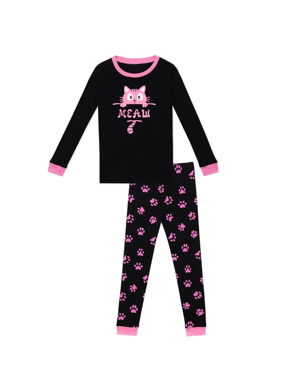 Girls Pajamas Set Long Sleeve Pink Cat Graphic & Paw Print Sleepwear with Pink Trim for Toddler Little Girls