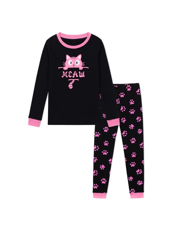 Girls Pajamas Set Long Sleeve Pink Cat Graphic & Paw Print Sleepwear with Pink Trim for Toddler Little Girls