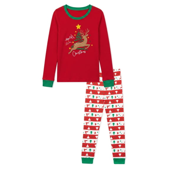 NIPAXO Kids Christmas Pajamas Set Long Sleeve Embroidered Reindeer & "Merry Christmas" Graphic Holiday Sleepwear with Fair Isle Stripe Pants