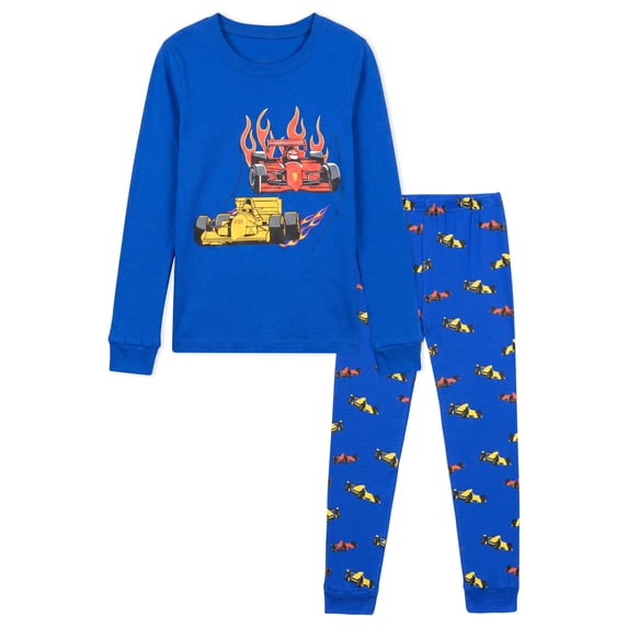 NIPAXO Toddler Boys Pajamas Set Long Sleeve Vibrant Blue F1 Race Car Graphic Thermal Sleepwear with Cuffs