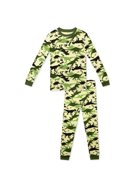 Boys Pajamas Set Long Sleeve Dinosaur Camo Print Thermal Top and Matching Pants Sleepwear for Kids