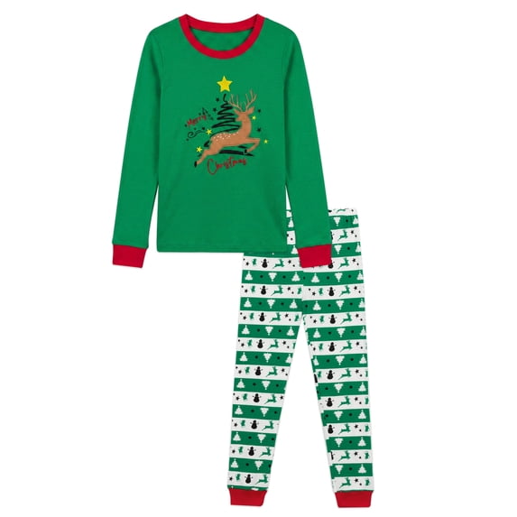 NIPAXO Kids Christmas Pajamas Set Long Sleeve Embroidered Reindeer & "Merry Christmas" Graphic Holiday Sleepwear with Fair Isle Stripe Pants for Boys and Girls
