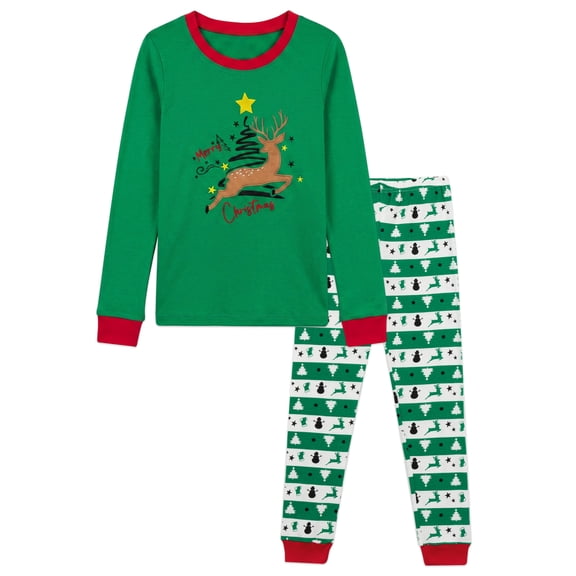 NIPAXO Kids Christmas Pajamas Set Long Sleeve Embroidered Reindeer & "Merry Christmas" Graphic Holiday Sleepwear with Fair Isle Stripe Pants for Boys and Girls