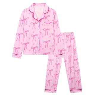 NIPAXO Girls Pajama Set Long Sleeve Button-Down Top and Pants Soft Satin Cute Pink Bows Hearts Print Loose Sleepwear