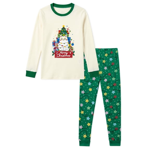 NIPAXO Kids Christmas Pajamas Set Long Sleeve Cute Cat & "Merry Christmas" Graphic Holiday Sleepwear with Star Print Pants for Boys and Girls