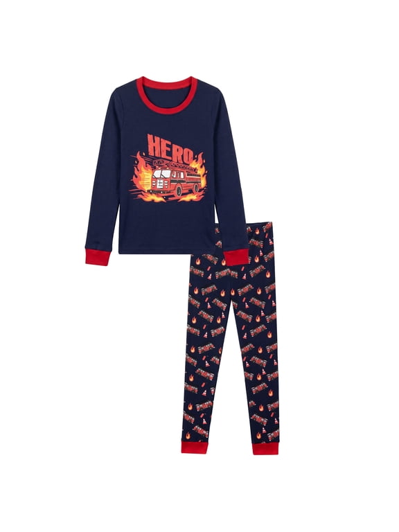 Toddler Boys Pajamas Set Long Sleeve "HERO" Fire Truck Graphic Thermal Firefighter Sleepwear with Red Cuffs