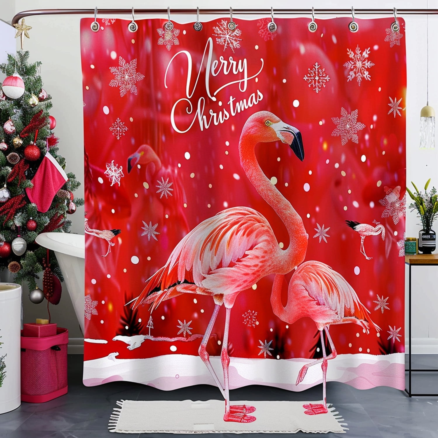 Christmasthemed Bathroom Decor Set Red Snowflake Towel Flamingo Shower Curtain Merry Christmas