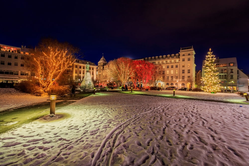 Christmas time at Austurvollur in Reykjavik Iceland Canvas Art - Panoramic Images (36 x 12)