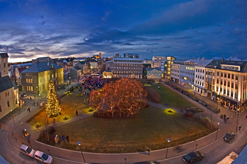 Christmas time downtown Reykjavik Iceland Canvas Art - Panoramic Images (12 x 36)