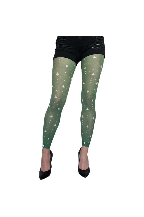 Christmas tree green patterned footless tights for all women