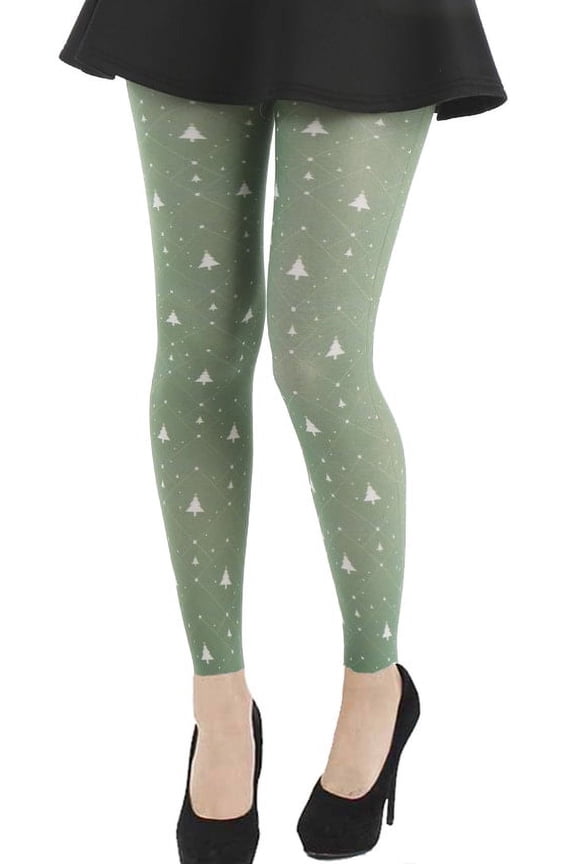 Christmas tree green patterned footless tights for all women