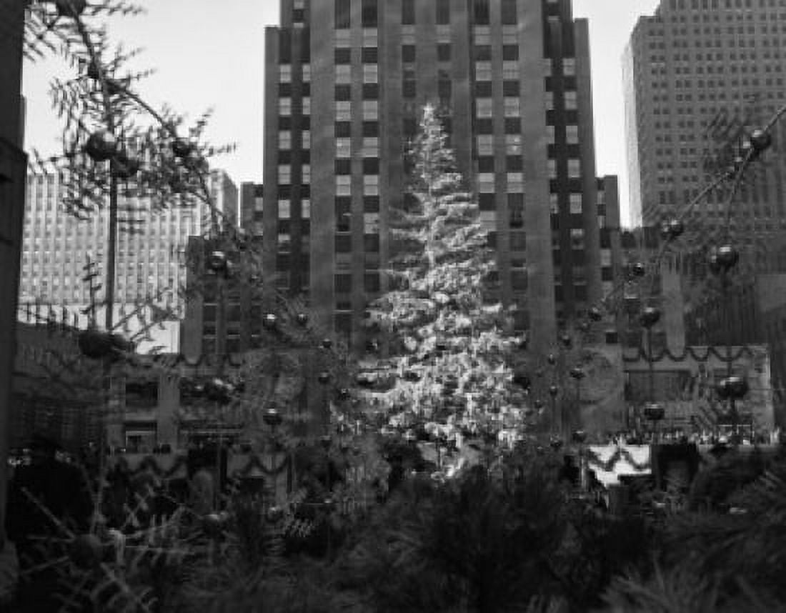 Christmas tree in front of skyscraper Canvas Art - (18 x 24)