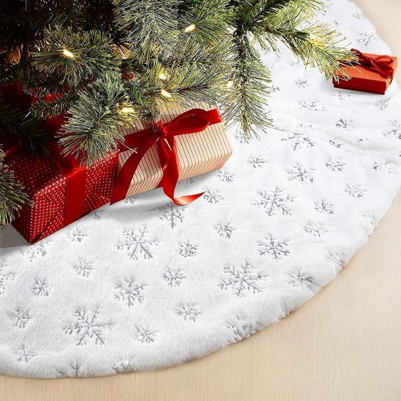Christmas tree skirt beaded tree skirt snowflake sequins white plush tree skirt Christmas tree floor mat decorative blanket (Silver sequins,50cm)
