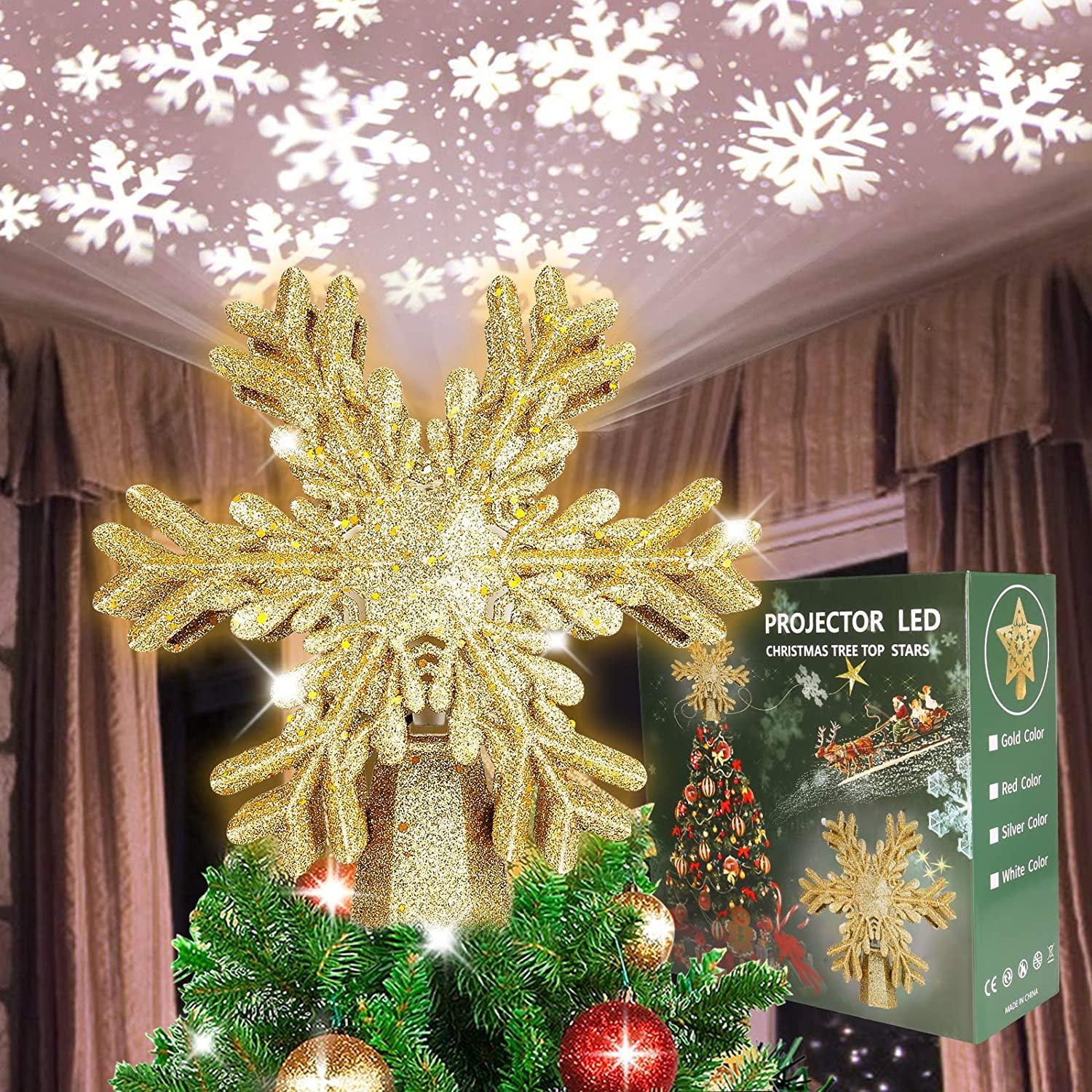 Christmas tree top star with snowflake LED projector, driven Christmas