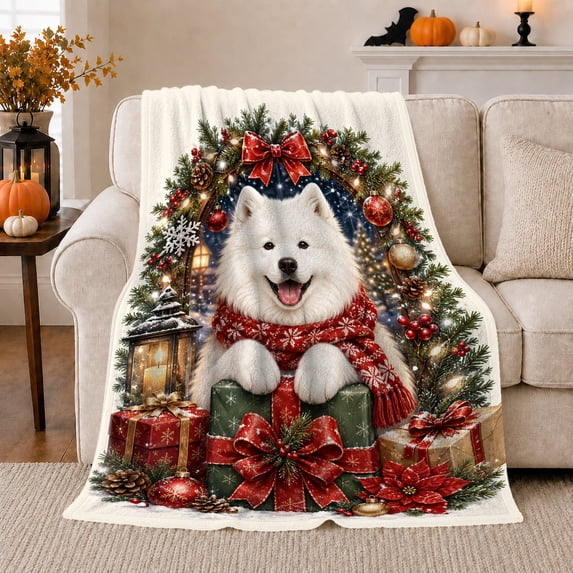 White Dog Wearing a Red Scarf Among Christmas Presents and Lanterns, Cozy Flannel Blanket for Dog Lovers, Cheerful Festive Illustration Home Decor for Living Room and Bedroom, Christmas Gift