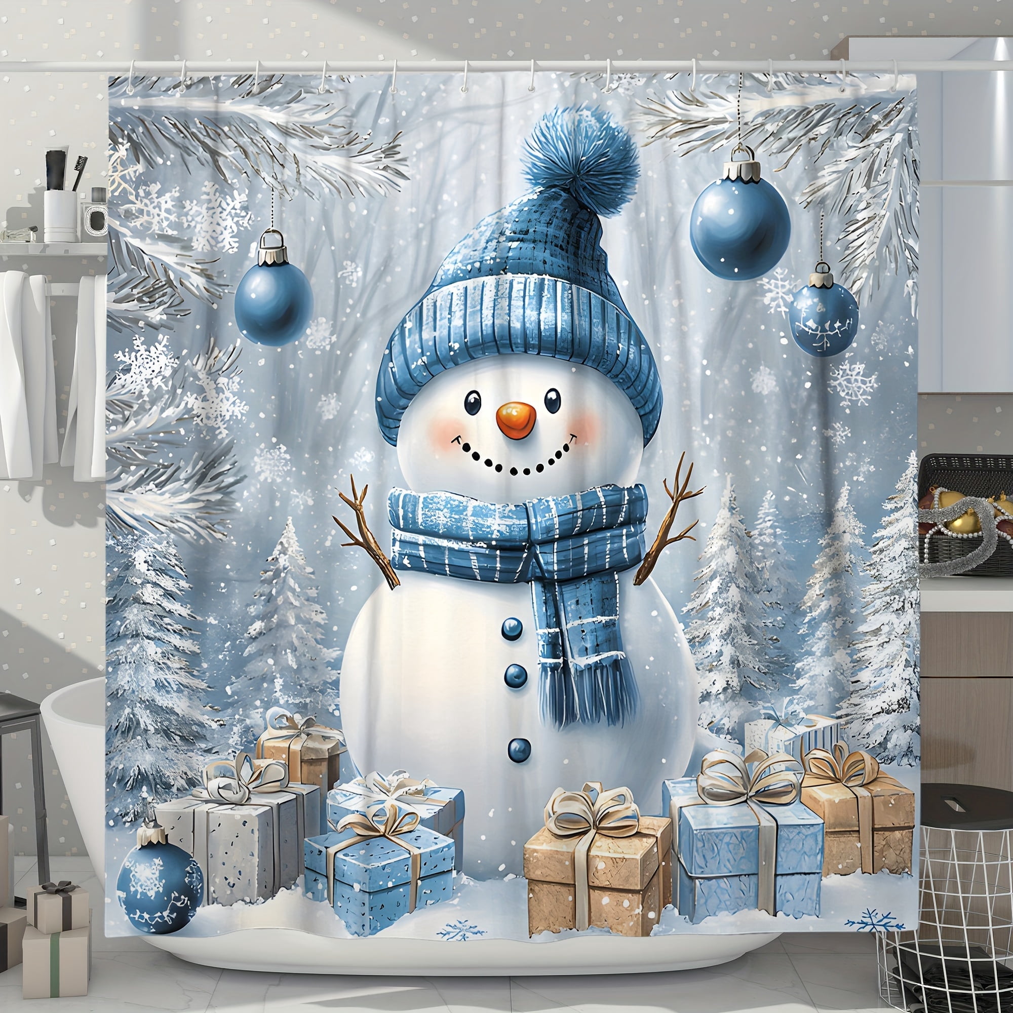Christmas winter snowman snowflake ball cute white blue Polyester Shower Curtain for xmas bathroom decor with 12 hooks 72x72 inch
