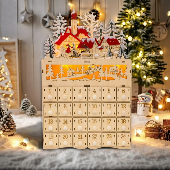 Christmas wooden drawer Advent Calendar-LED lights battery powered storage box with wooden Santa and reindeer hand-painted snow scene, desktop decoration diy filled drawer, gifts for kids