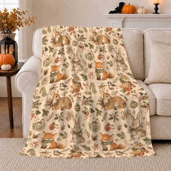 Christmas woodland deer rabbit fox bird holly ornaments wrapped boxes cream Flannel Blanket for sofa bedroom nursery room Home Decor holiday forest Gift for kids