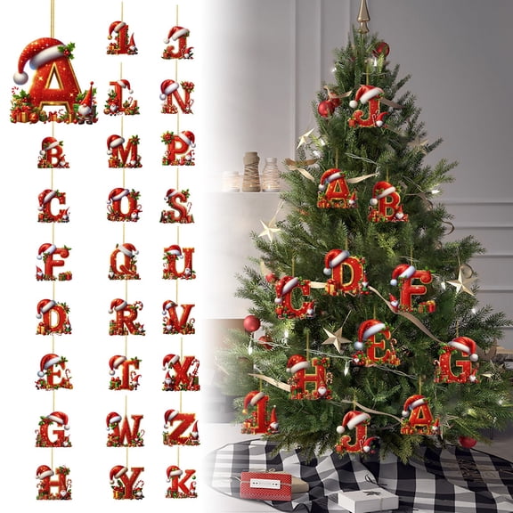 Christmas2D 2D Flat Letter E Ornament with Gold Glitter Texture and Santa Hat, Red Holiday Hanging Decor for Christmas Tree Decor and Indoor Display, Festive Seasonal Home Decor