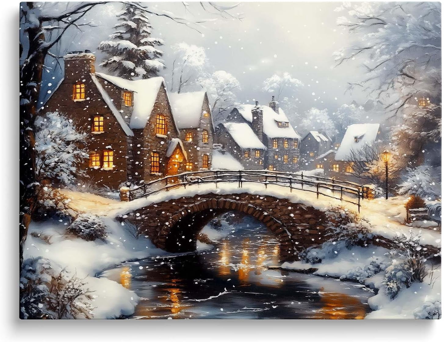 ChristmasCanvas Wall Art Decor with Nighttime Houses, Lights and Snowflakes, Festive Canvas Print for Room, Christmas-Themed Wall Décor for Celebration, Christmas Night Scene Wall Art, 16X20inch