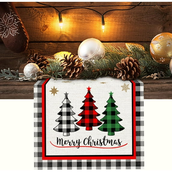 ChristmasTable Runner 72 Inches Long Black and White Plaid Table Runner with Christmas Tree Winter Holiday Farmhouse Kitchen Dining Table Runner Decoration for Indoor Outdoor Home Party