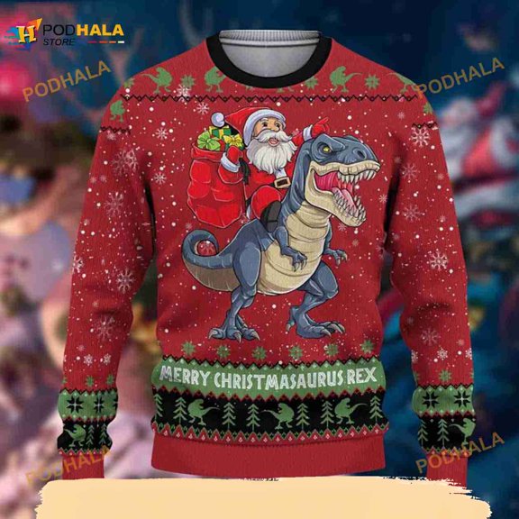 Christmasaurus Rex Santa Claus And T-rex Ugly Sweater, Unique Christmas Gift
