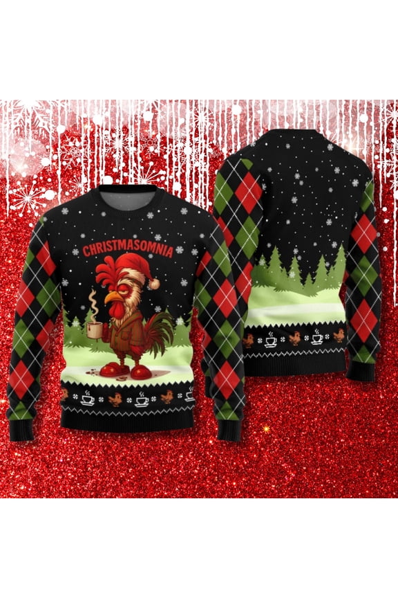 Christmasomnia Rooster Christmas Sweater – Funny Chicken Coffee Ugly Xmas Knit with Argyle Sleeves, Snowy Trees, Cozy Holiday Party Gift