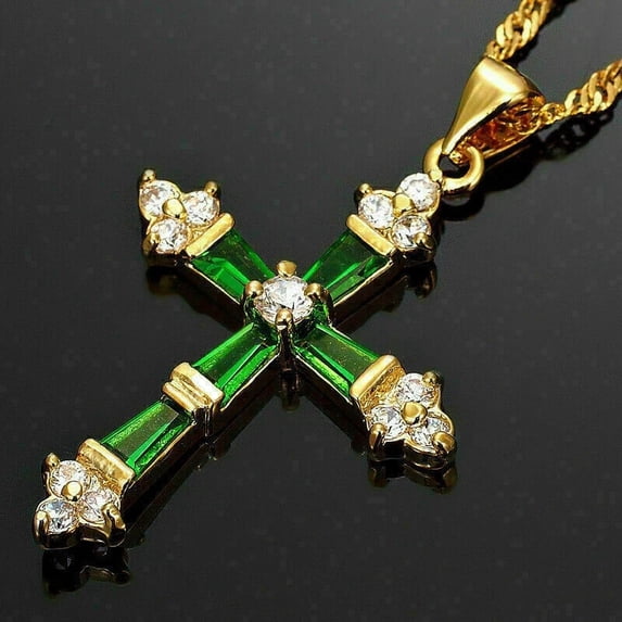 Christmass Gift Cross Pendant 14K Yellow Gold Finish Silver 18" Chain 3Ct Round Cut Green Emerald & Diamond