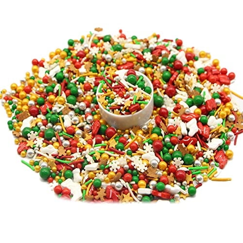 Christmastime Treasures - 8 Oz Resealable Bag - Christmas Themed Sprinkle Mix - Features Snowflake Quins, Santa Boot Quins, Red, Silver, and Green Pearls and More - Ice Cream and Cake Sprinkles