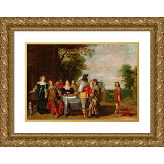 Christoffel Jacobsz. van der Lamen 18x13 Gold Ornate Wood Frame and Double Matted Museum Art Print Titled - Company at the Table in a Park