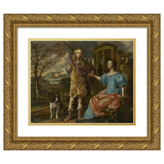 Christoffel Pierson 24x20 Gold Ornate Framed and Double Matted Museum Art Print Titled - Portrait of a Hunter with a Lady (1670)