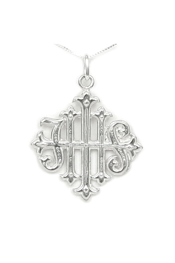 Christogram IHS Cross - Ancient Christian Symbol - Latin for Jesus Savior of Men - Includes Historical Story Card - Sterling Silver - Made in USA (20 Inch Chain Length)