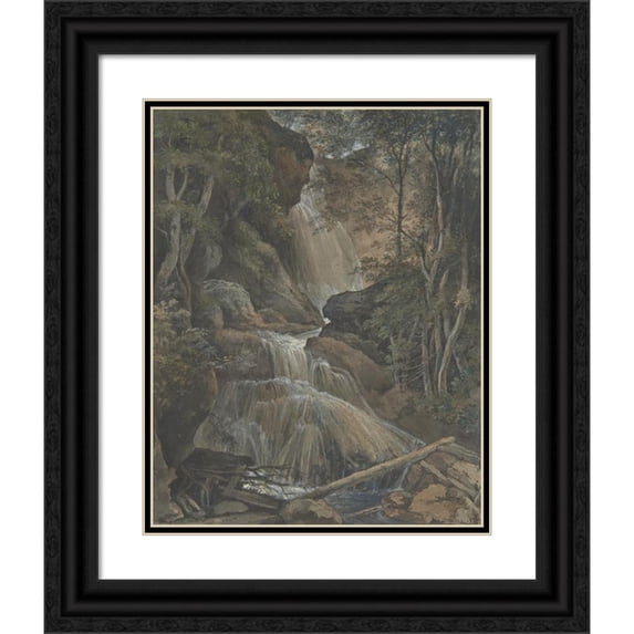 Christoph Nathe 12x14 Black Ornate Wood Framed Double Matted Museum Art Print Titled: A Waterfall in a Forest at Langhennersdorf (18th-Early 19th Century)