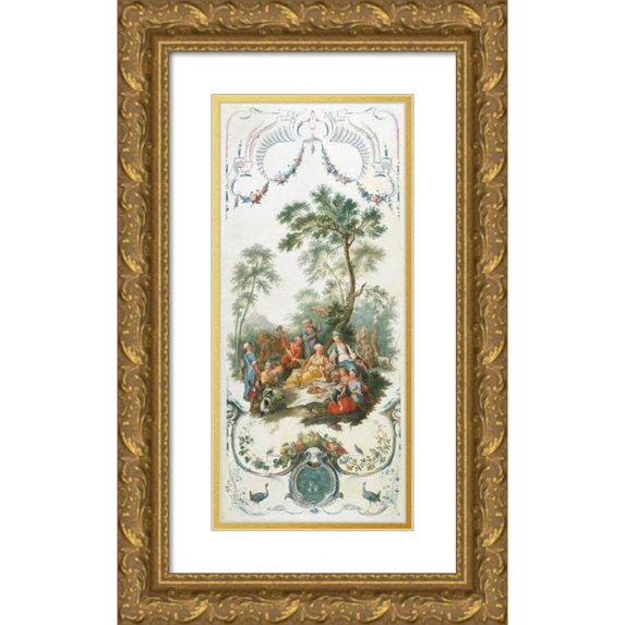 Christophe Huet 13x24 Gold Ornate Framed and Double Matted Museum Art Print Titled - The Cold Meal During Hunting (The Hunt Picnic) (About 1750)