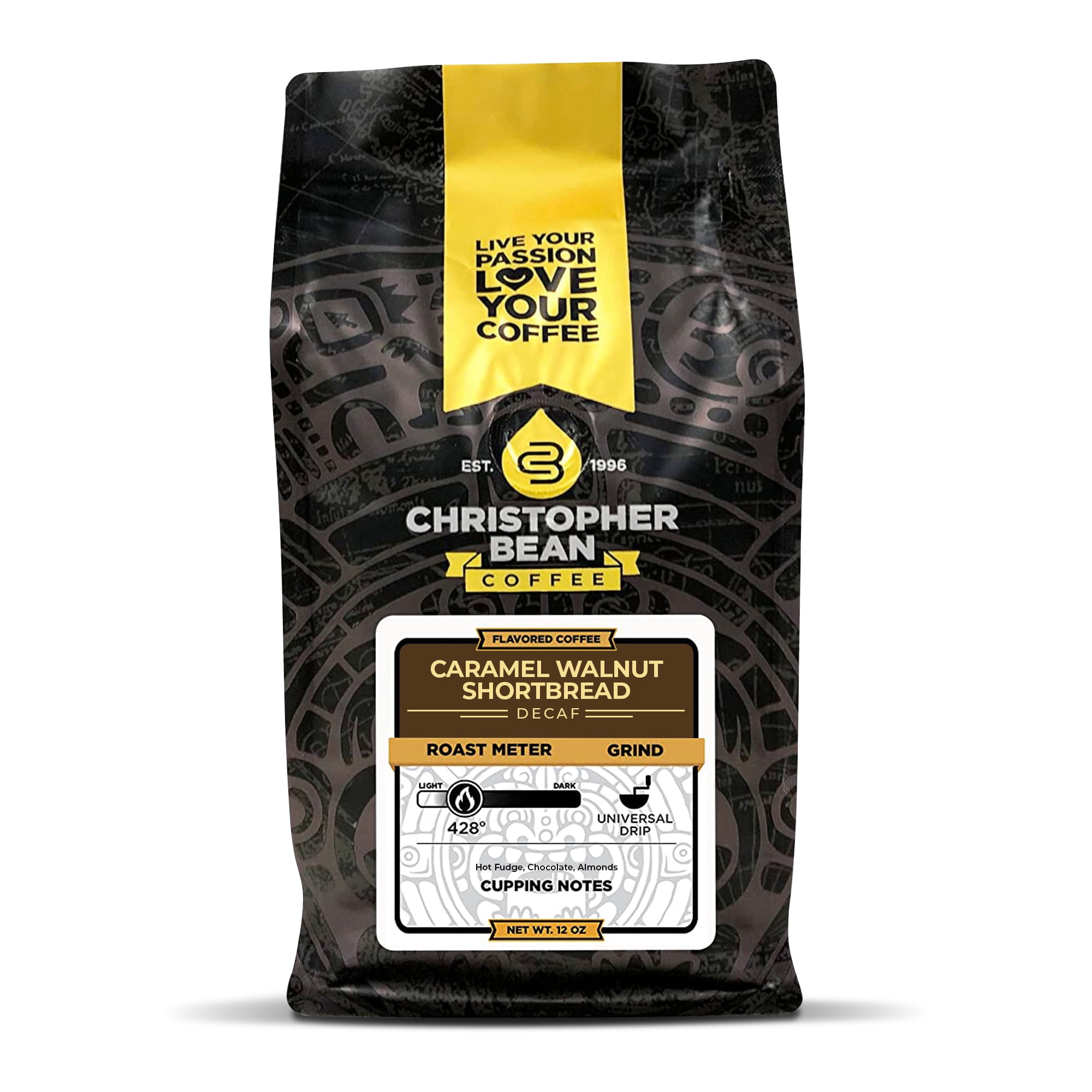 Christopher Bean Coffee- Caramel Walnut Shortbread Flavored Coffee, Decaf Coffee, 100% Arabica, Coffee Ground Medium Roast, No Sugar, No Fats, Made with Non-GMO Flavorings,12-oz Bag Ground Coffee Bean