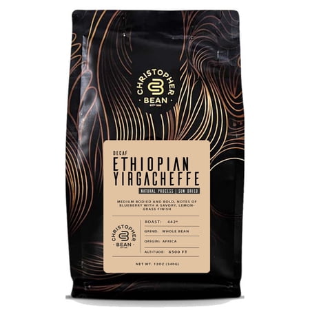 Christopher Bean Coffee - Ethiopian Yirgacheffe Flavored Coffee, (Decaf Whole Bean) 100% Arabica, No Sugar, No Fats, Made with Non-GMO Flavorings, 12-Ounce Bag of Decaf Whole Bean Coffee