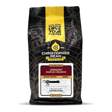Christopher Bean Coffee - Vermont Maple Crunch Flavored Coffee, (Regular Whole Bean) 100% Arabica, No Sugar, No Fats, Made with Non-GMO Flavorings, 12-Ounce Bag of Regular Whole Bean coffee