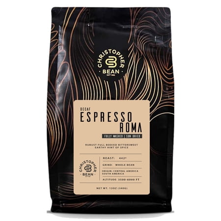 Christopher Bean Espresso Roma Flavored Coffee | Decaf Whole Bean Non-Flavored Coffee | 100% Arabica, Universal Drip, Espresso Fine and Percolator Coarse - 12-Ounce Bag