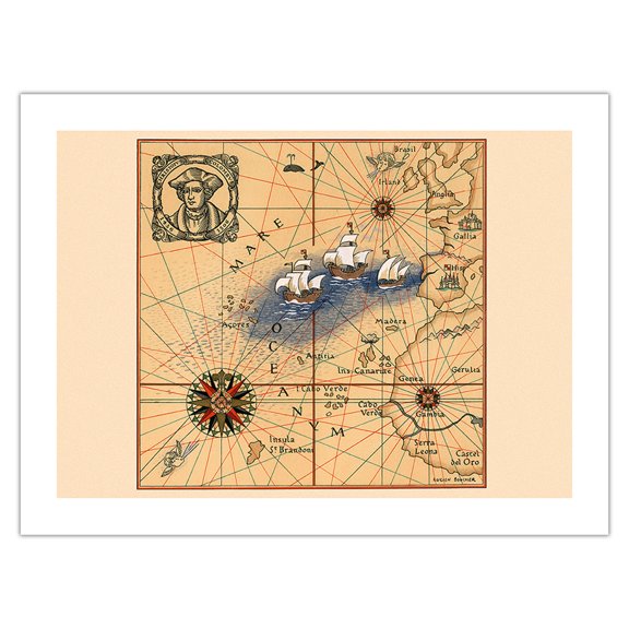 Christopher Colombus 1436-1506 - Trans-Atlantic Map - Vintage Pictorial Map by Lucien Boucher c.1927 - Bamboo Fine Art 290gsm Paper (Unframed) 12x16in