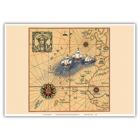 Christopher Colombus 1436-1506 - Trans-Atlantic Map - Vintage Pictorial Map by Lucien Boucher c.1927 - Master Art Print 10in x 14in