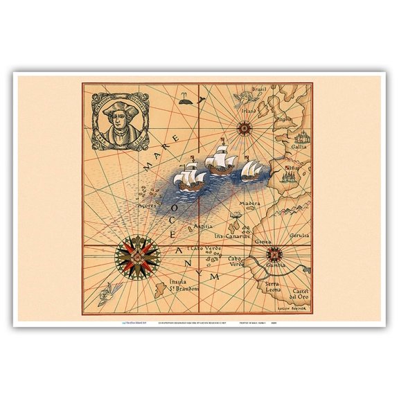 Christopher Colombus 1436-1506 - Trans-Atlantic Map - Vintage Pictorial Map by Lucien Boucher c.1927 - Master Art Print (Unframed) 13in x 19in