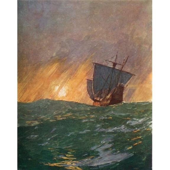 Christopher Columbus Sailing Westward. Christopher Columbus C.1451 to 1506 Italian Navigator, Colonizer & Explorer From The Great Explorers Columbus & Vasco Da Gama Poster Print, 13 x 16