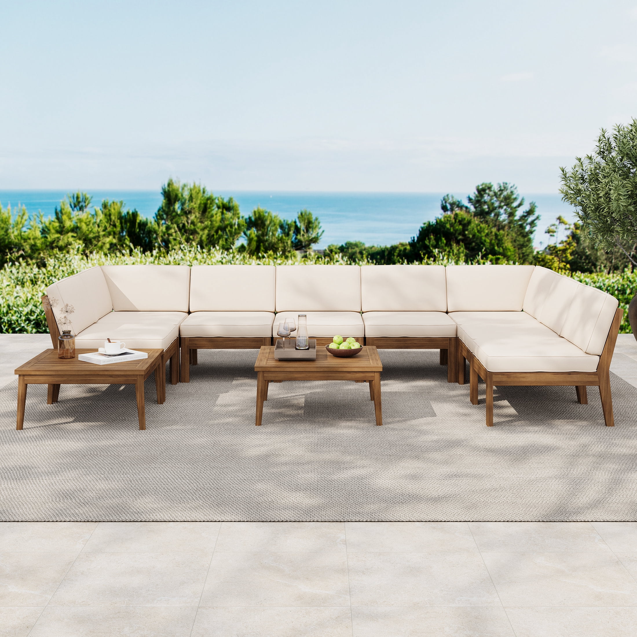 Christopher Knight Home 10-Piece Acacia Wood Outdoor Sectional Sofa Set with 2 Patio Coffee Tables, Beige Cushion