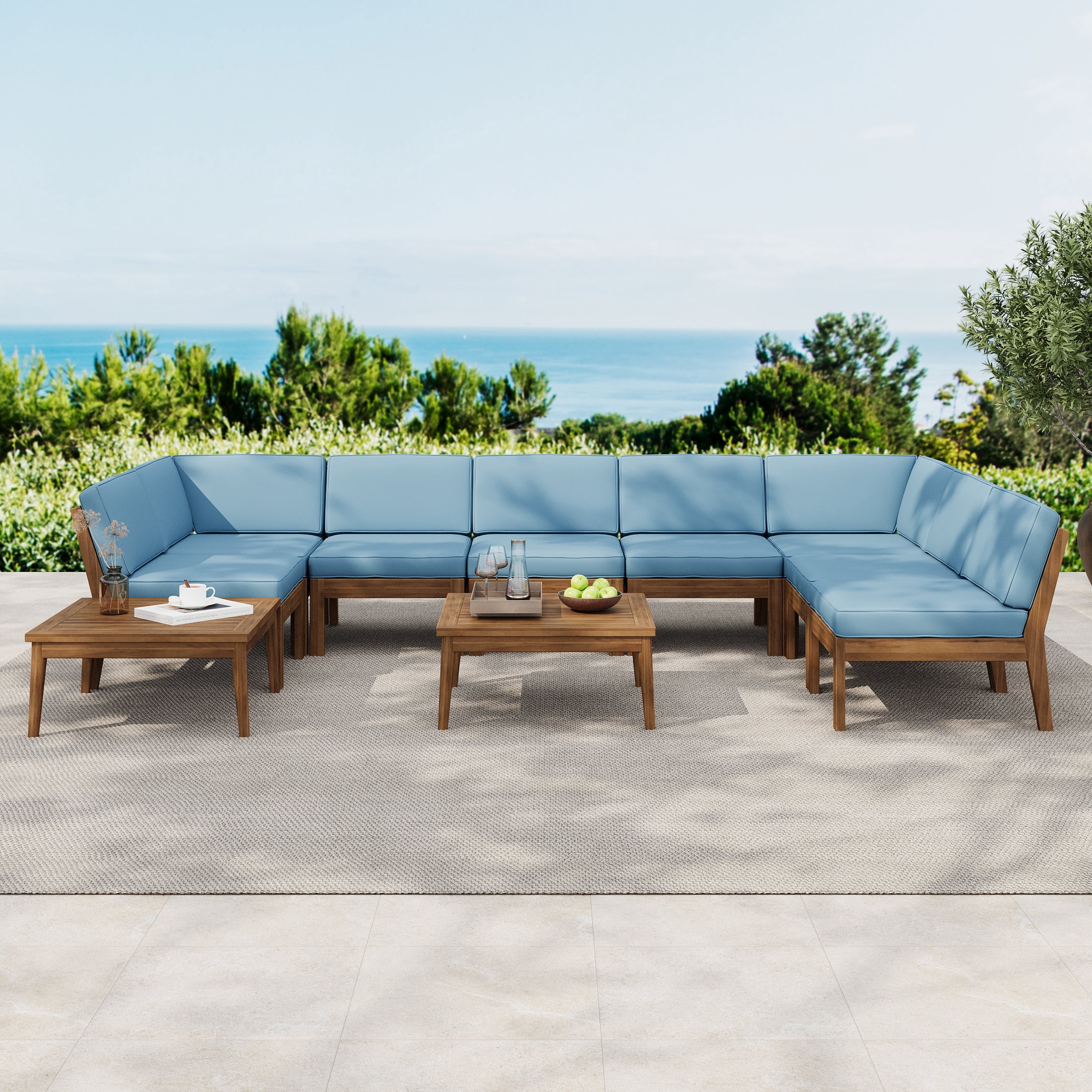 Christopher Knight Home 10-Piece Acacia Wood Outdoor Sectional Sofa Set with 2 Patio Coffee Tables, Blue Cushion