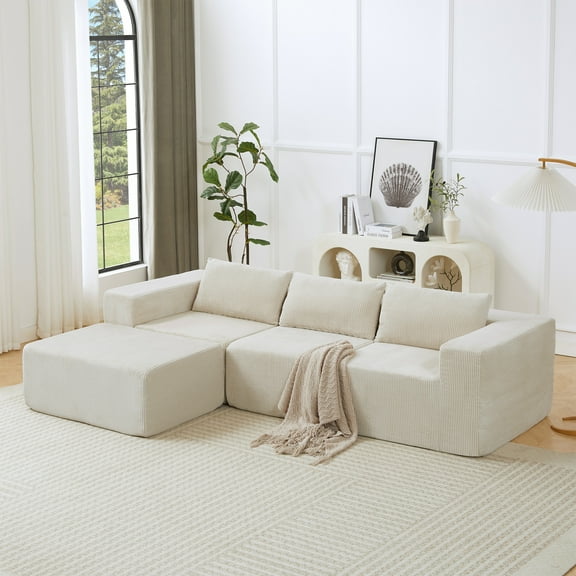 Christopher Knight Home 107" Compressed Sectional Sofa, Corduroy Upholstery with Ottoman, Pillow Back, Beige