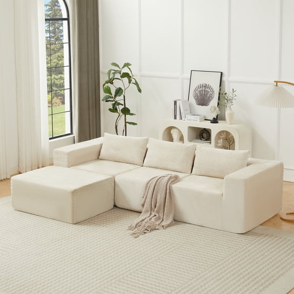 Christopher Knight Home 107" Compressed Sectional Sofa, Fabric Upholstery with Ottoman, Pillow Back, Khaki