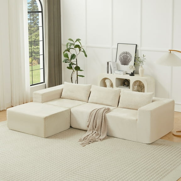 Christopher Knight Home 107" Compressed Sectional Sofa, Fabric Upholstery with Ottoman, Pillow Back, Khaki