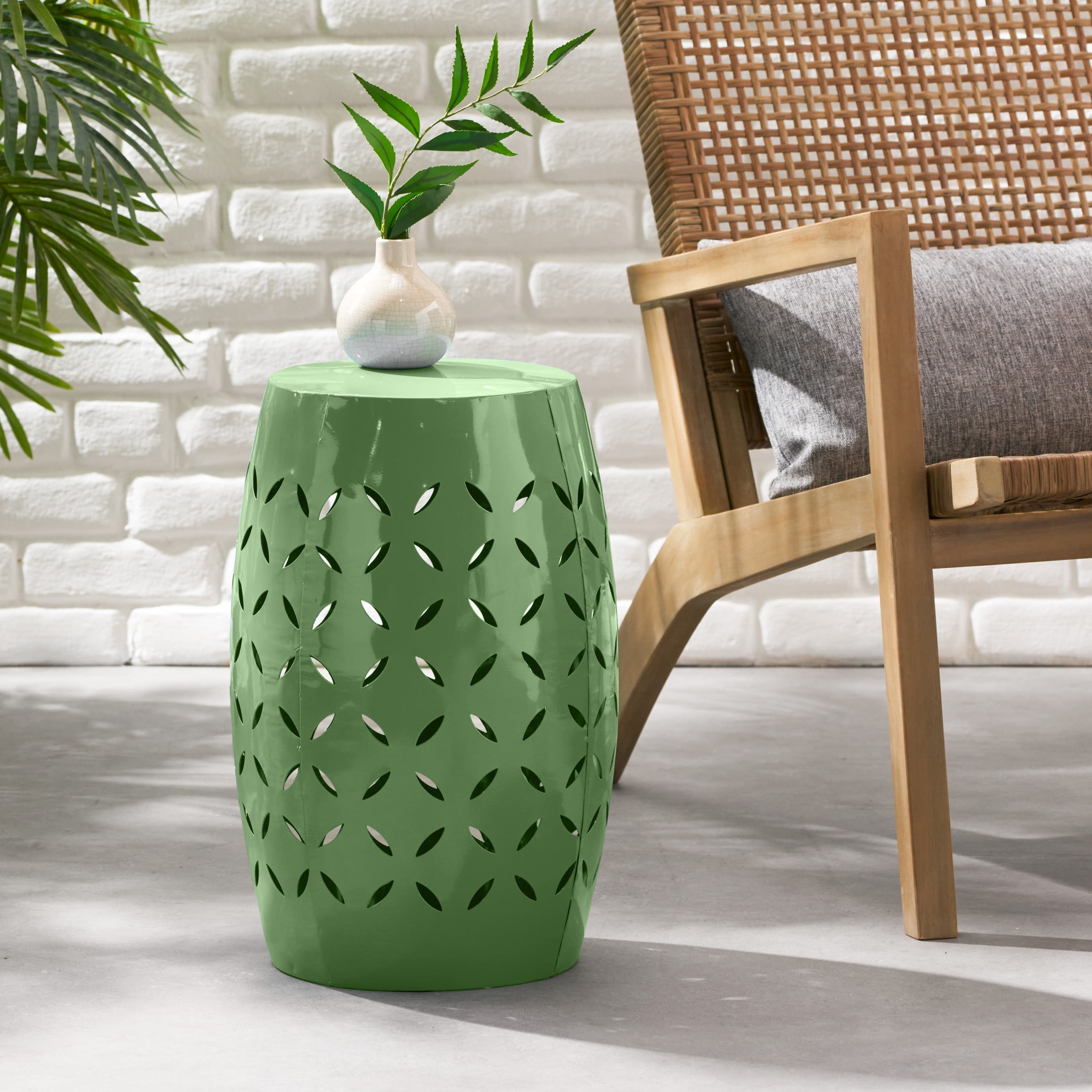 Christopher Knight Home 12" Outdoor Iron Side Table, All-Metal Barrel Accent Patio End Table, Green